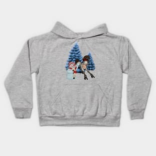 Christmas, funny cartoon horse with snowman Kids Hoodie